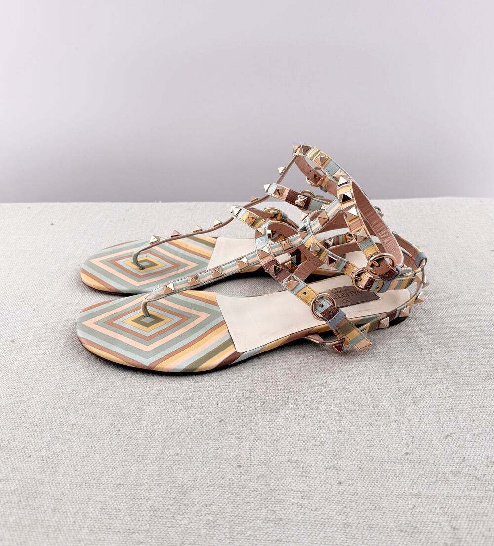 Valentino Garavani Native Couture 1975 Chevron Rockstud Strappy Flat Sandal 38.5